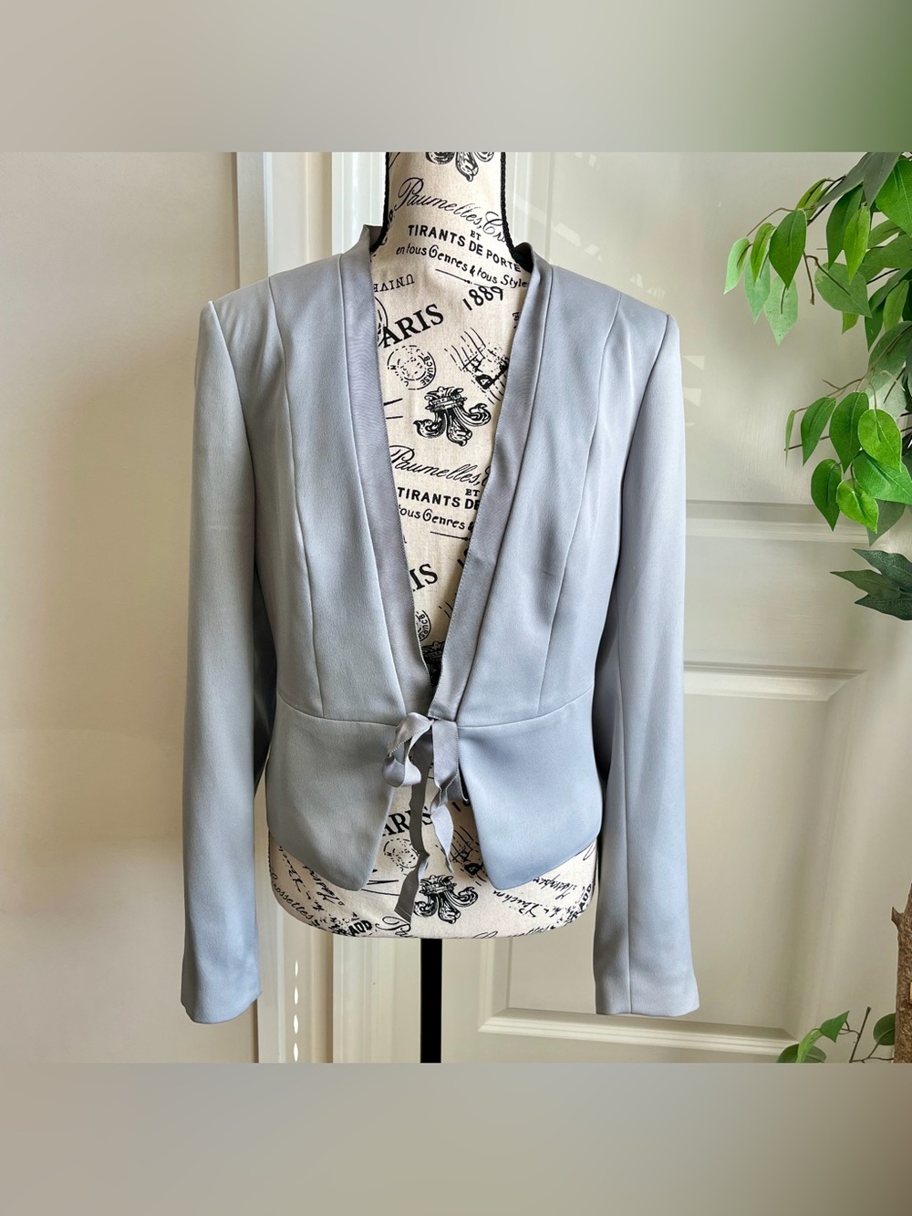 Ann Taylor Tie Front Open Satin Blazer Jacket Blue Gray Sz 8